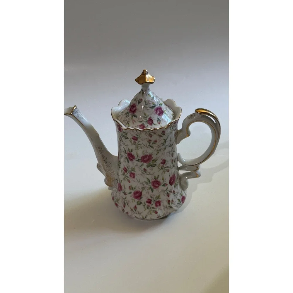 Vintage Lefton China Pink Rose Chintz Teapot Sugar Creamer Set NE661R Japan